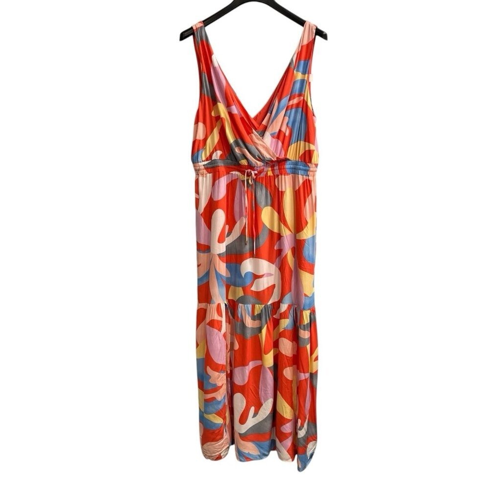 Rachel Zoe Abstract Floral Maxi Dress Orange Tiered Size XL Resort Vacation